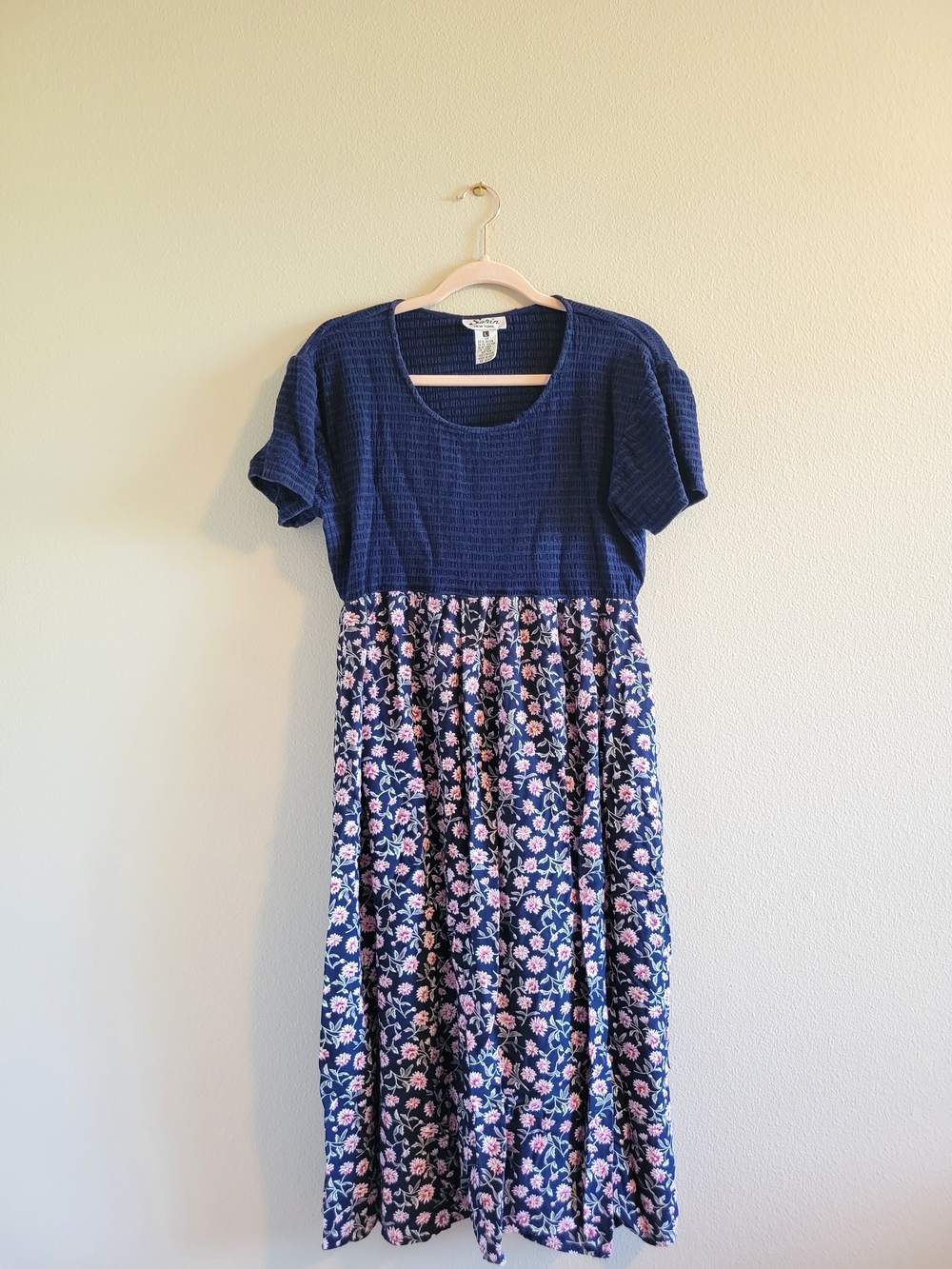 Vintage Navy and Pink Floral Midi Dress